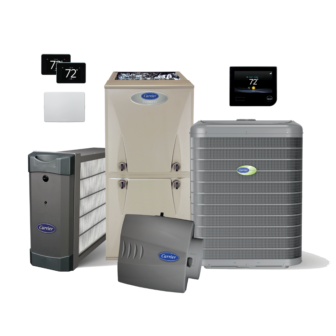 Carrier Infinity system with Furnace, Air Conditioner, Smart Thermostat, Zoning Panel, 2 Smart Sensors, and Large Performance Bypass Filter